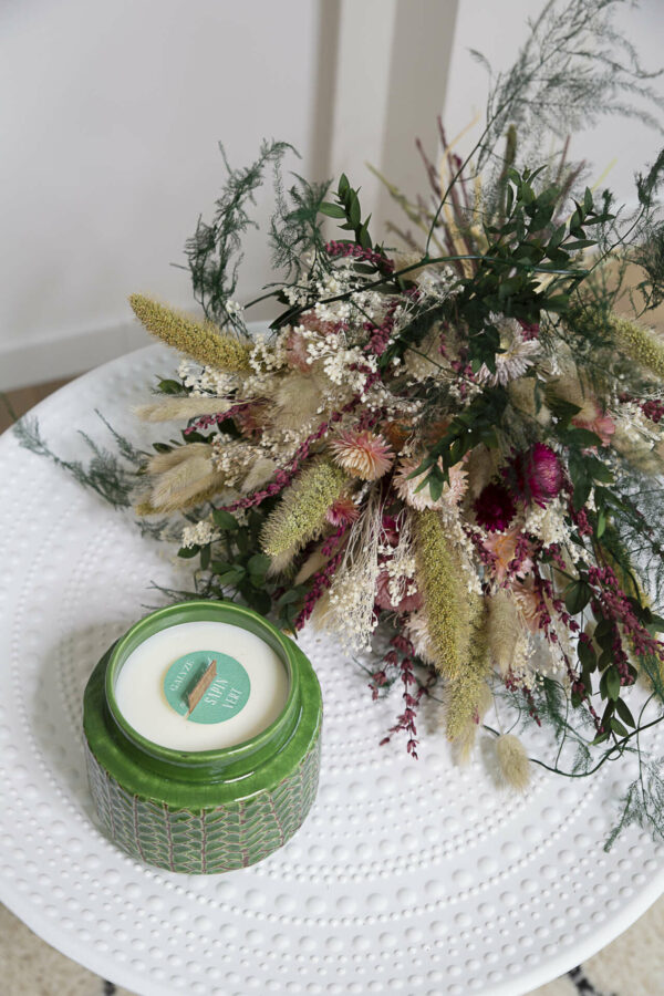 Bouquet de fleurs séchées Brocéliande et bougie décorative